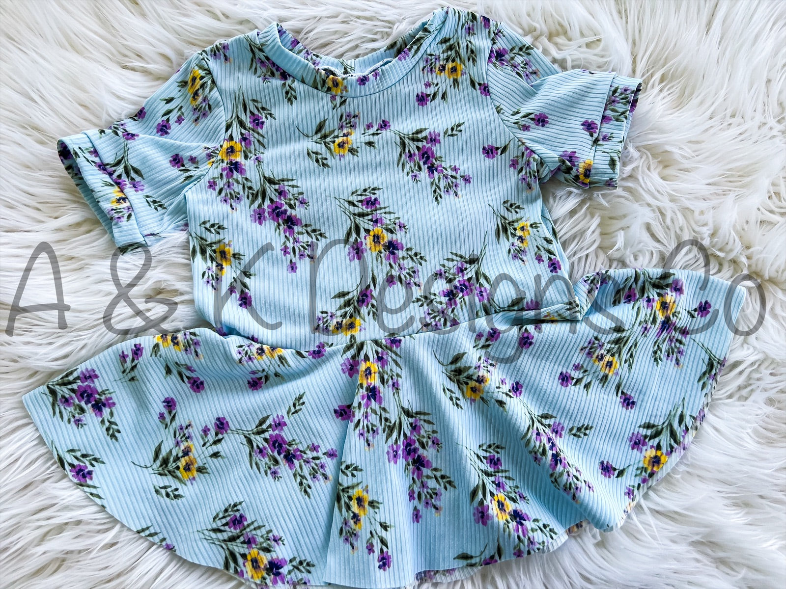 Blue Floral with Yellow & Purple Flowers